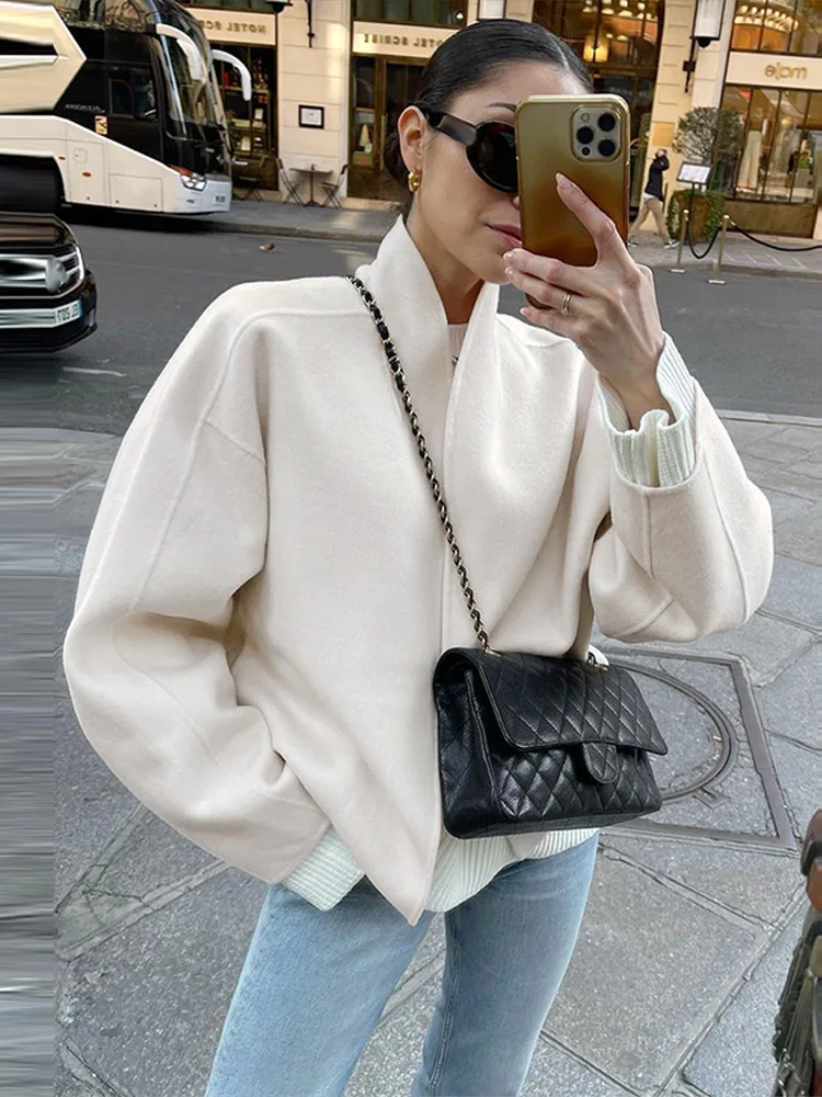 Wool Blend Stand Collar Open Front Drop Shoulder Long Sleeve Loose Cropped Coat Women Autumn Fashion Casual Jacket