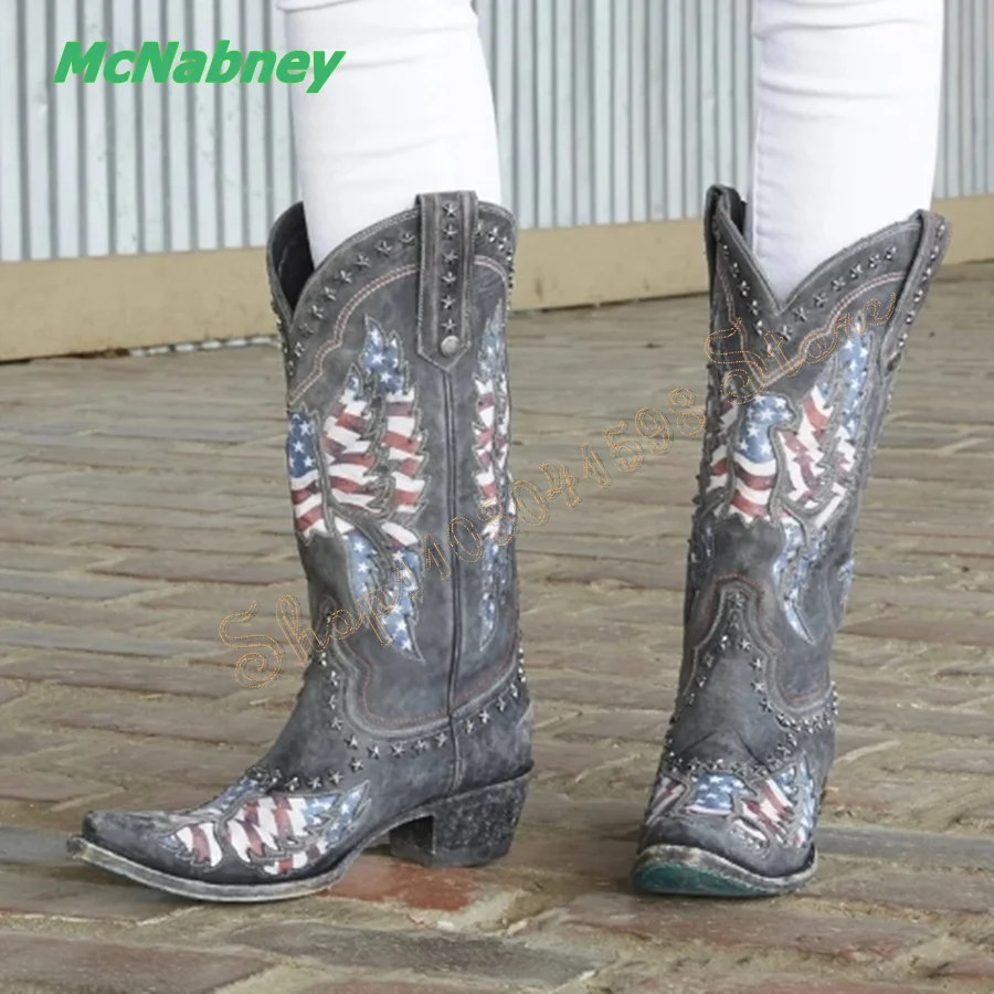 Vintage Leather Rider Boots,Pointed Toe Chunky Mid Calf Boots American Flag Women's Boots Plus Size 2024 New Zapatos Para Mujere