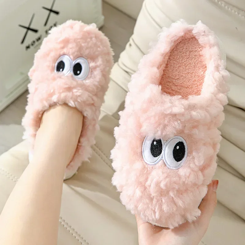 

Lovely Big Eyes Monster Cartoon Slippers Winter Outdoor Faux Fur Funny Warm Plush Thick Sole Cotten Shoes(One Size Smaller)