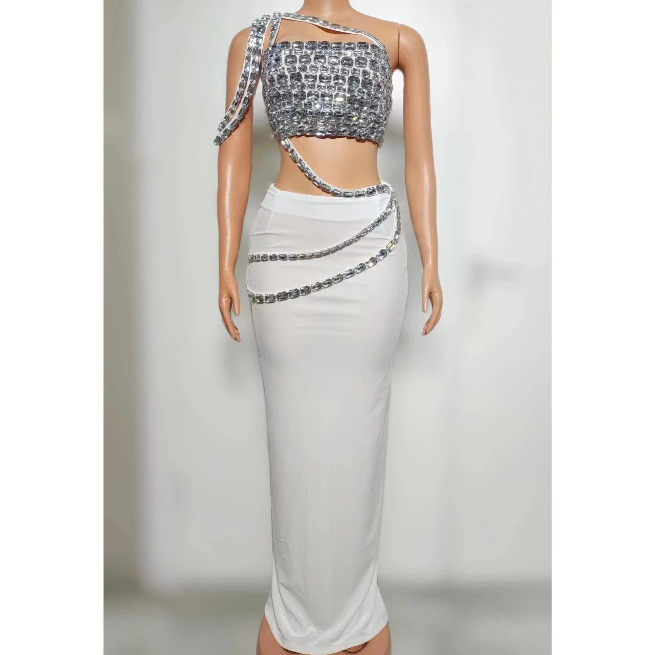 Sukienka na ramiączkach z diamentami, seksowna, europejsko-amerykańska, idealna na imprezę, do klubu nocnego, baru, dla DJ-a, dla zespołu tanecznego, na tematyczne występy.