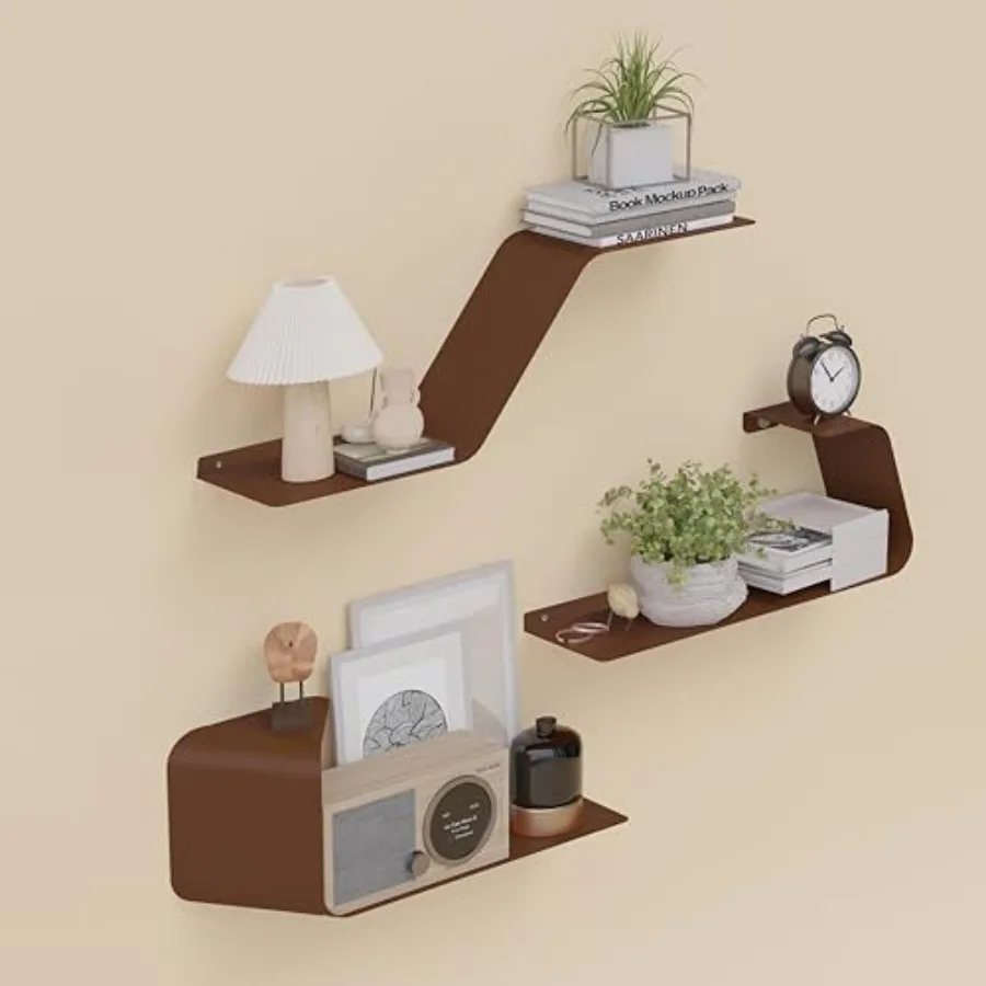

Floating Wall Shelves Set of 3 Metal Mounted Shelf with Unique Design for Storage Display in Bathroom Bedroom Kitchen Living Ro