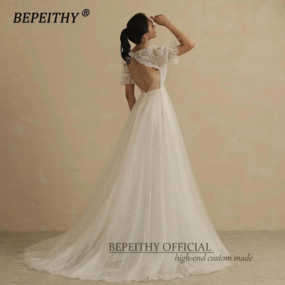 BEPEITHY Customized V Neck Lace Short Sleeves Boho Wedding Dresses For Women Open Back A Line Floor Length Bridal Party Gowns