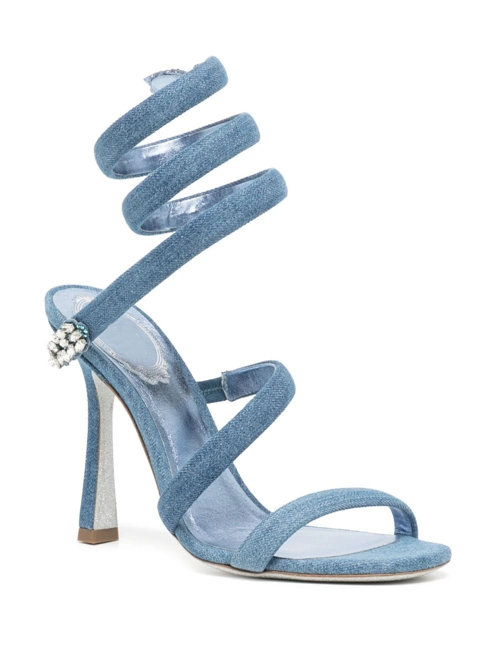 

Wraparound Denim Sandals Snake-Like Crystal Embellishment Open Toe Stiletto Heel Hollow Slingback Slip-On Summer Sexy Shoes Girl