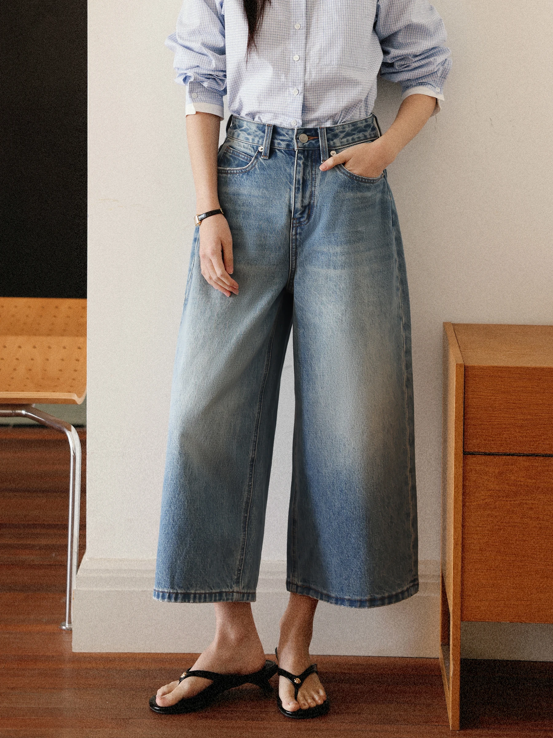 

MUNNSRUIXI "Light Residence Daily" Women's Wide Leg Jeans High Waist Cotton Button Closure Light Blue Eighteen Inches Long