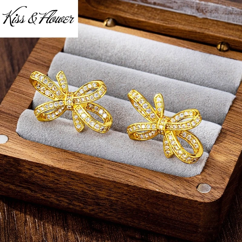 

KISS&FLOWER 24KT Gold Bowknot Stud Earrings For Women Wedding Party Birthday Christmas Bride Mother Girlfriend Ladies Gift ER515