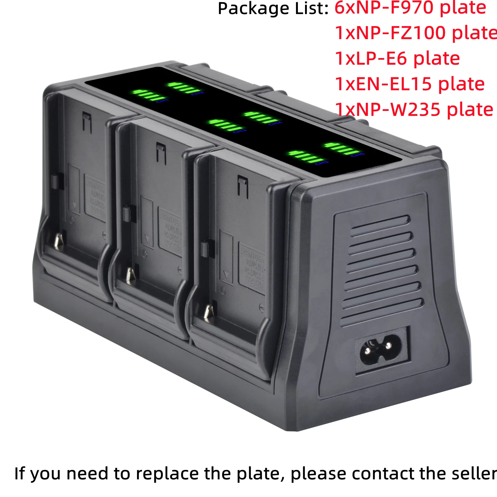 شاحن سريع ذو 6 قنوات مع لوحة قابلة للاستبدال للوحة NP-F970 NP-F550 NP-F750 NP-FZ100 LP-E6 EN-EL15 NP-W235 LP-E6