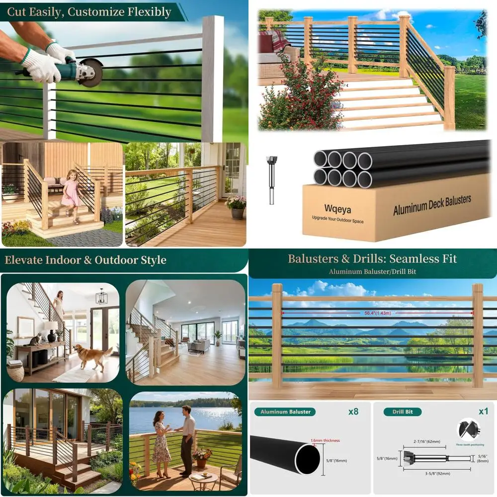 

8 Pack 4.7 T x 5/8 inch Horizontal Balusters, Matte Black Round Stair Balusters Indoor/Outdoor, Hollow Spindles for Deck Porch R