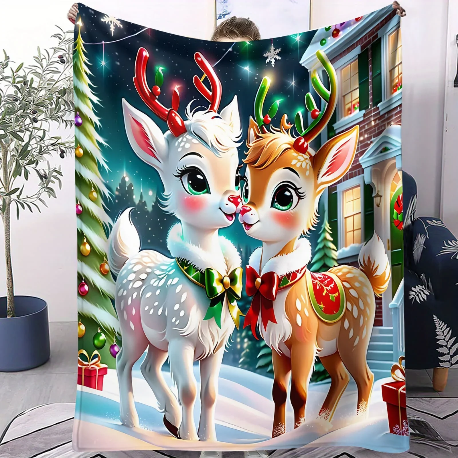 

Purple Fantasy Deer & Snowman Blanket - Enchanting & Festive Throw for Bedroom Sofa Holiday Fans Perfect for Decor & Gifting