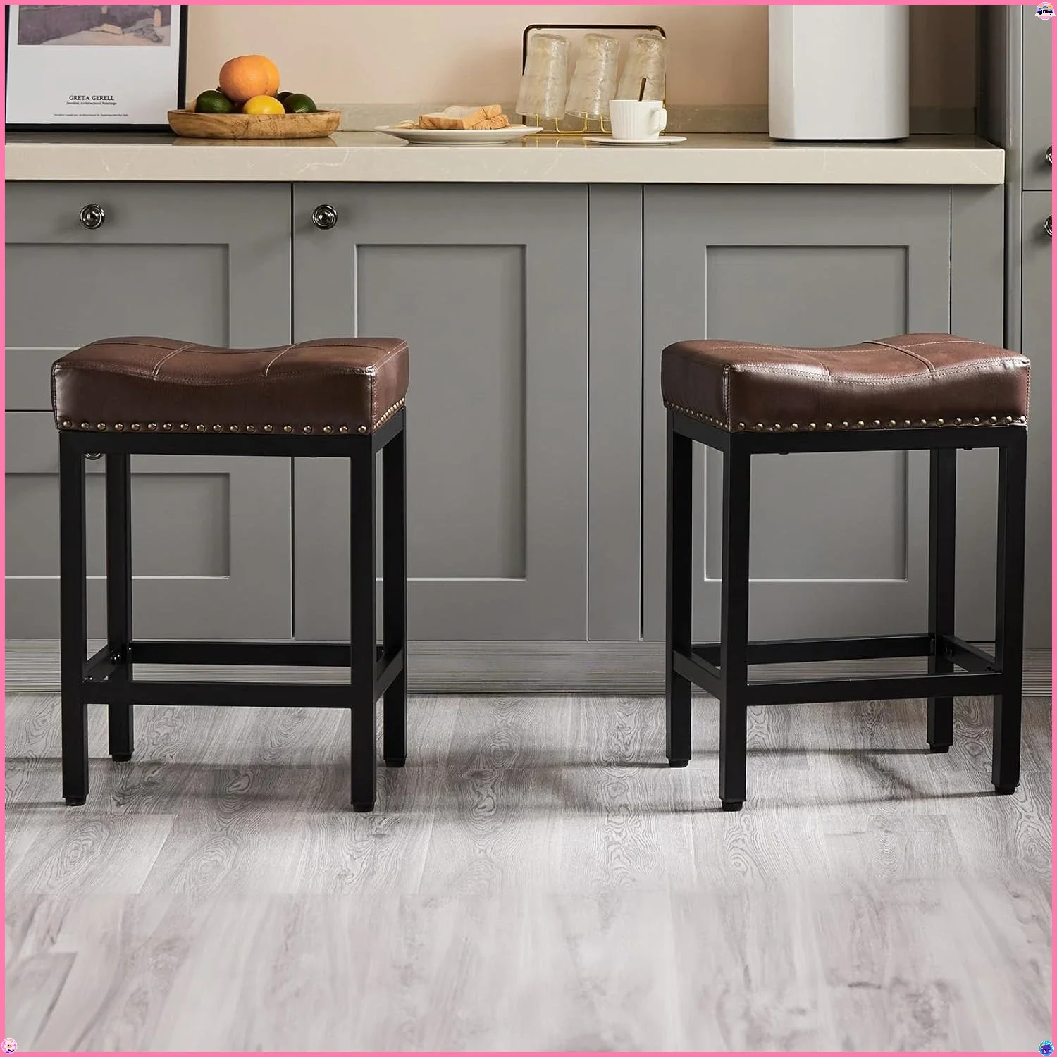 Bar Stools Set of 2, 24 Inch Counter Height Stools, PU Leather Upholstered Bar Chairs with Footrest, Modern Bar Stools