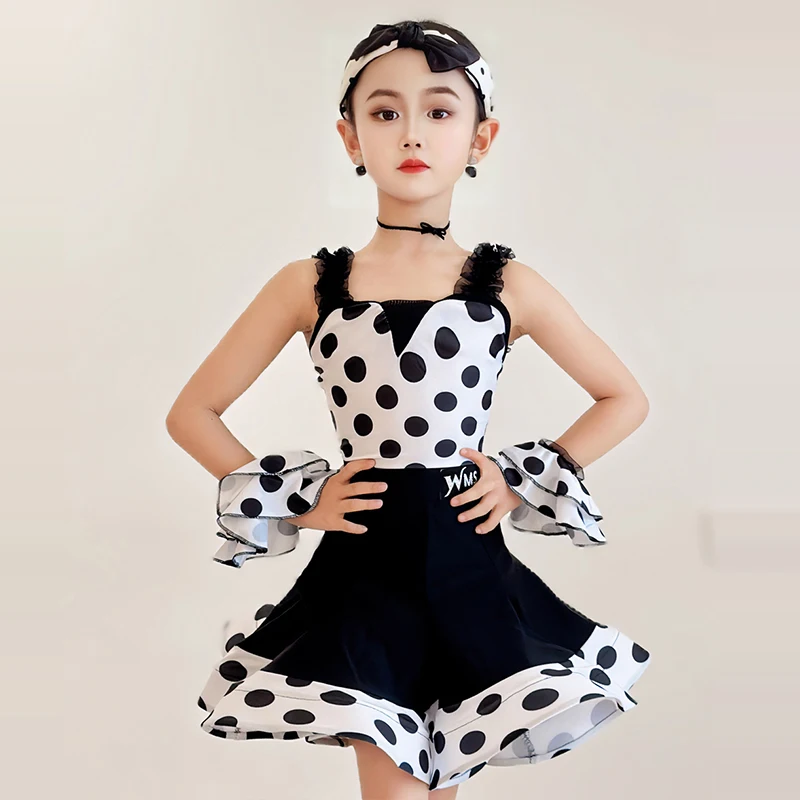 Latin Dance Performance Kleid Mädchen Sommer Balck Polka Dot Dance Anzug Rüschen Röcke Set Cha Cha Rumba Tanzen Bühne Tragen AMY1909