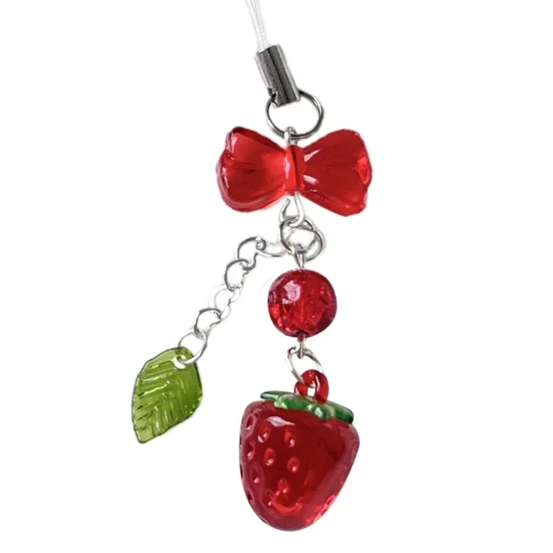 Portachiavi con ciondolo a forma di ciliegia rosa con cinturino per cellulare, portachiavi con ciondolo a forma di fragola e ciliegia per zaino