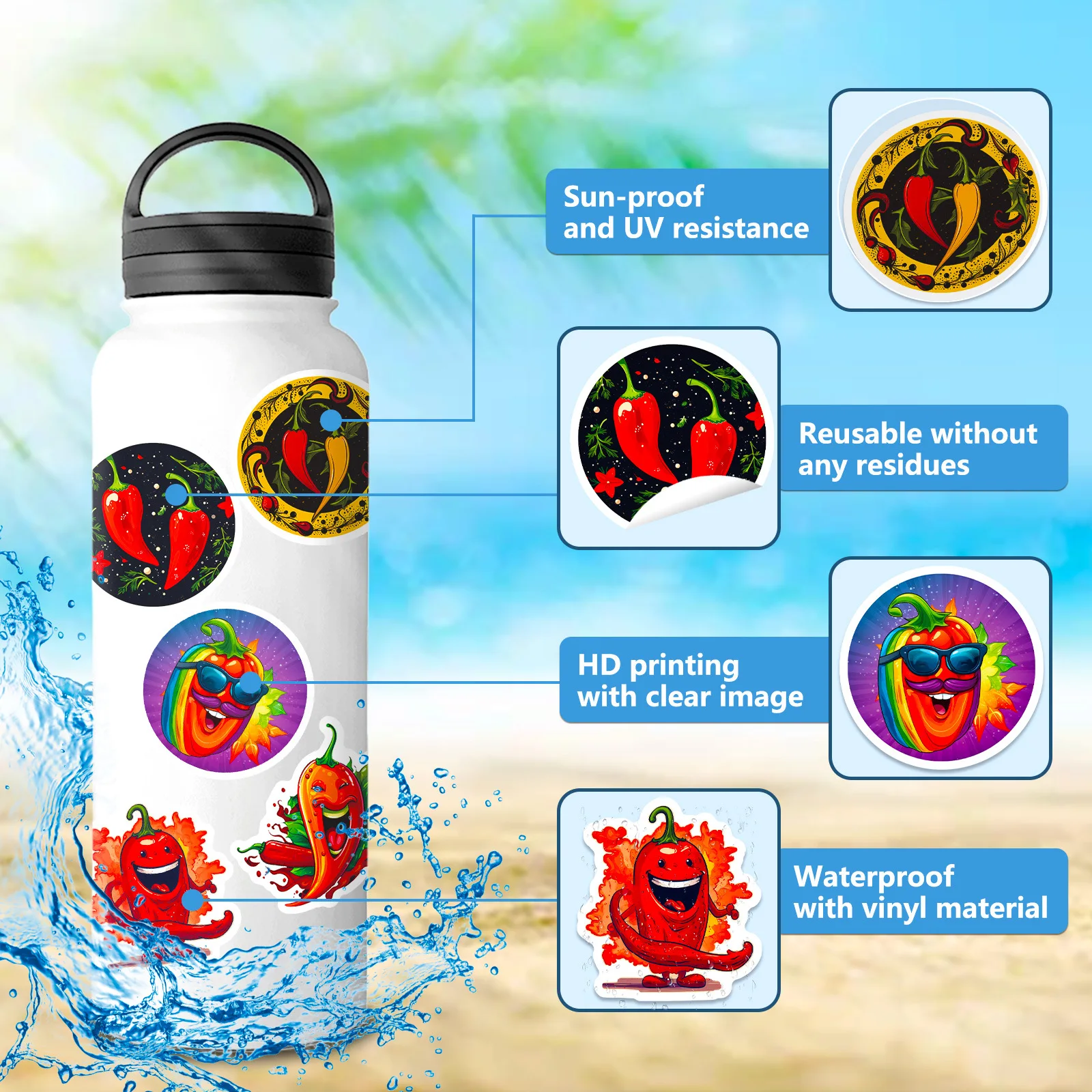 50Pcs Chili Pepper Hot Spicy Cute Cartoon Waterproof Vinyl Stickers for  phone Water Bottles Laptop Suitcase