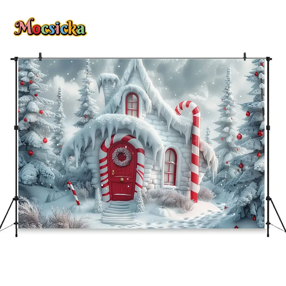 Candy Cane House Background for Christmas Kids Newborn Winter Birthday Party Pine Forest Snowflakes Wonderland Backdrop Studio