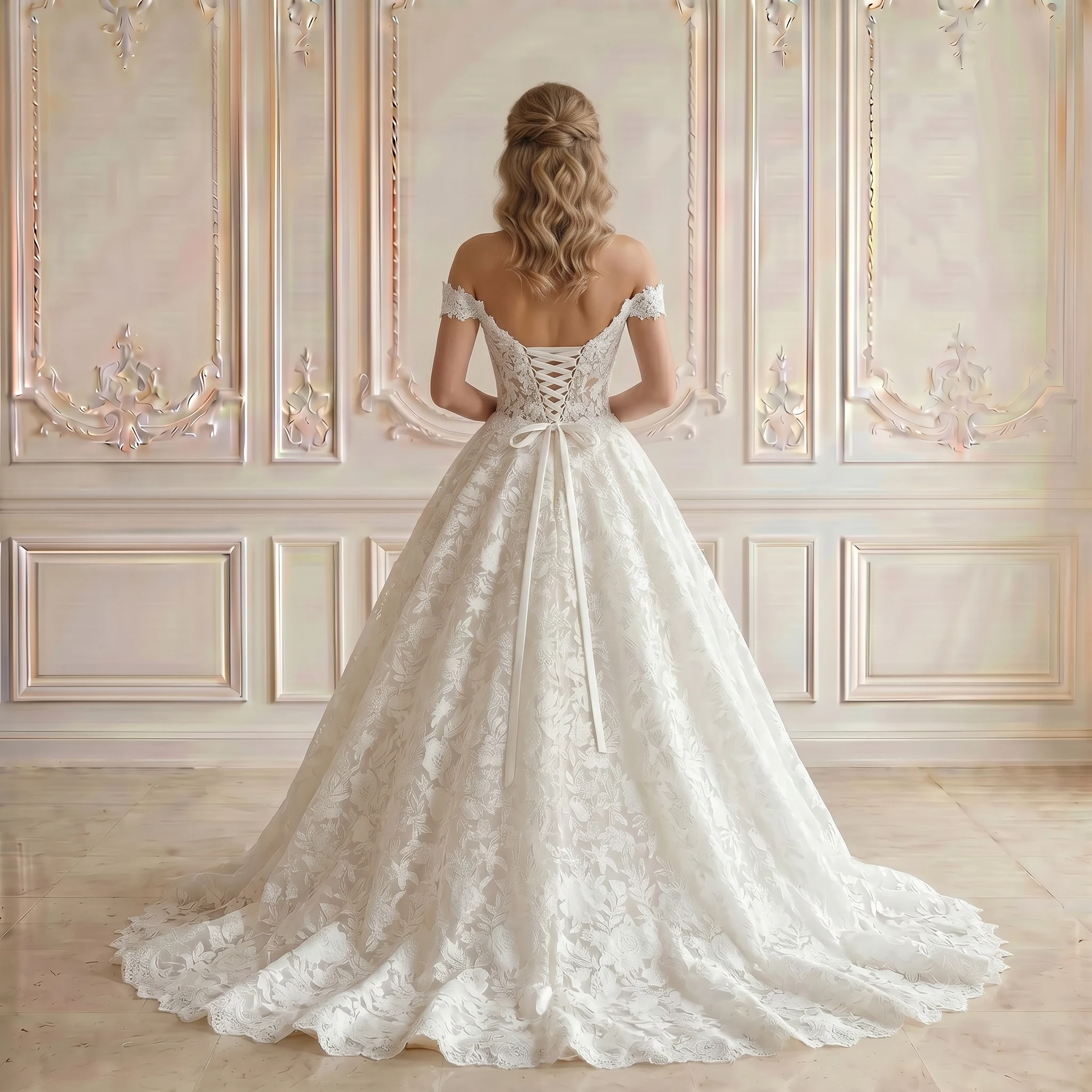 Off Shoulder Sweetheart Ball Gown Wedding Dress 3D Floral Lace Corset Back Scalloped Chapel Train Bridal Gown