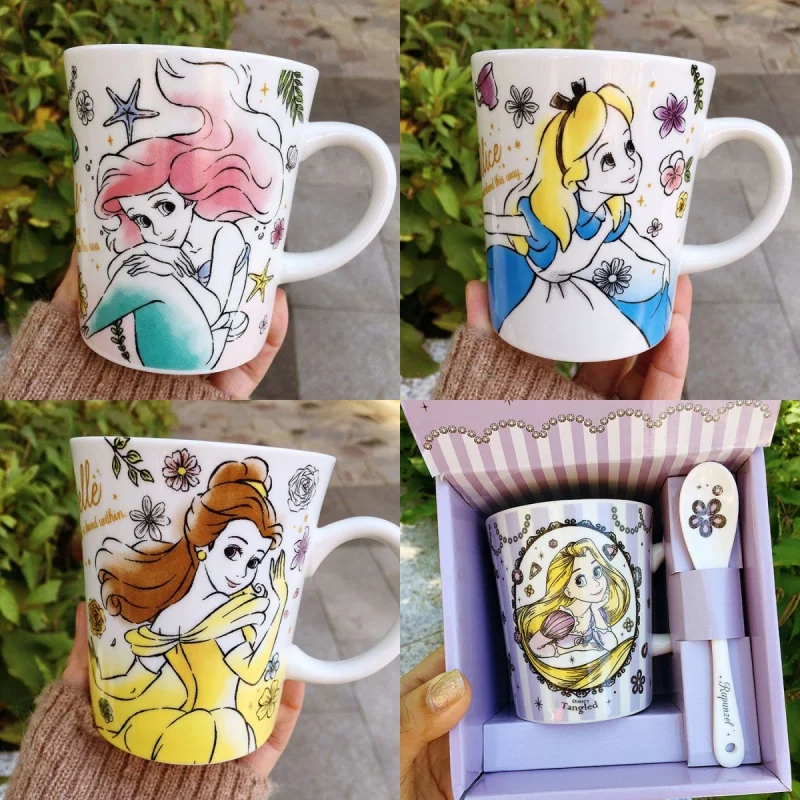 Hot New Original Disney 300m'l Mermaid Long Hair Princess Ceramic Mug Cute Cartoon Anime Milk Cup With Spoon For Girl Gifts