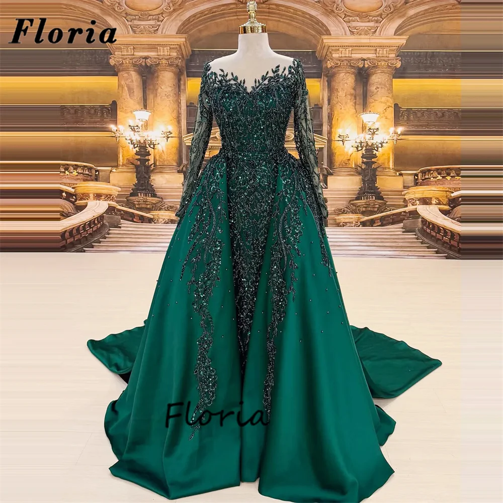

Muslim Formal Emerald Green Beading Evening Dresses Sheer Neck Women Prom Dress Wedding Party Gowns Vestidos De Noche Customized