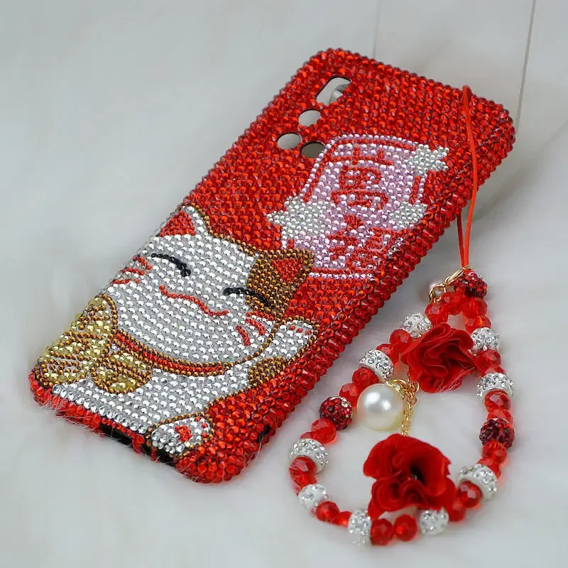 Luxury Bling Diamond Lucky Cat Phone Case for Samsung Galaxy S24FE S23 S22 A05 A15 S22 S21 Ultra Plus with Pendant