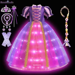 Girls Rapunzel Princess LED Light Up Dress Halloween Cosplay Costume for Birthday Party Gift Purple Sequins Sofia Dress 3-12Y