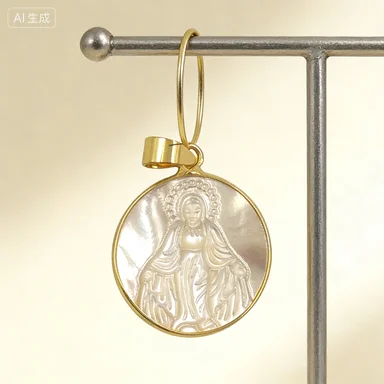 WT-JP042 Religious Luck Token Natural White Shell Round Shape With Gold Trim Pendant For Dainty Necklace Jewelry