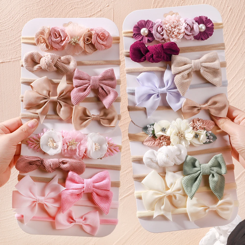 5 pz/set fascia elastica per bambini fascia per capelli in Nylon con fiocco in pizzo per fiori appena nati per ragazze accessori per capelli morbidi