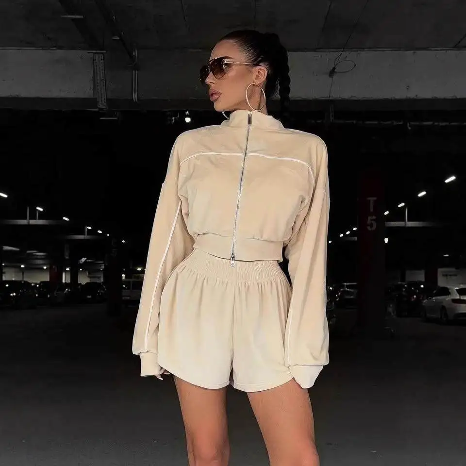 

Faionable Pure Color Long Sve Zipper Cardigan And Elastic orts Two-Piece Set Casual Women's Clothing Ensemble
