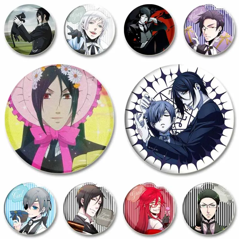 Black Butler Anime Figuren Weißblech Abzeichen Pins Cartoon Charakter Ciel Phantomhive Sebastian Tasche Dekor Brosche Zubehör Geschenke