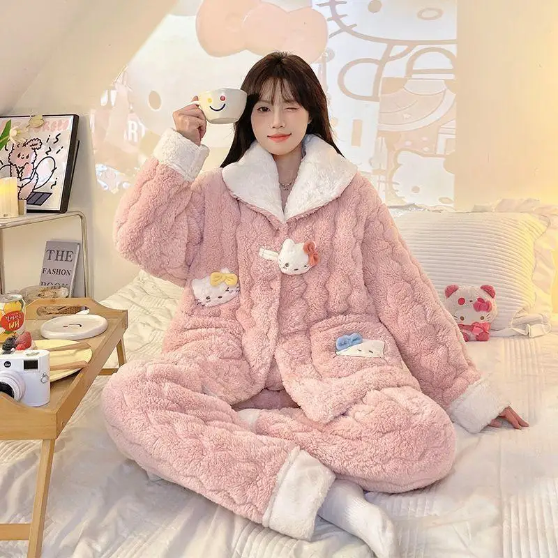 Sanrio Flannel Flip Collar Thickening Three Layer Cotton Pajama Set Kawaii Hello Kitty Comic Girl Winter Keep Warm Home Clothes