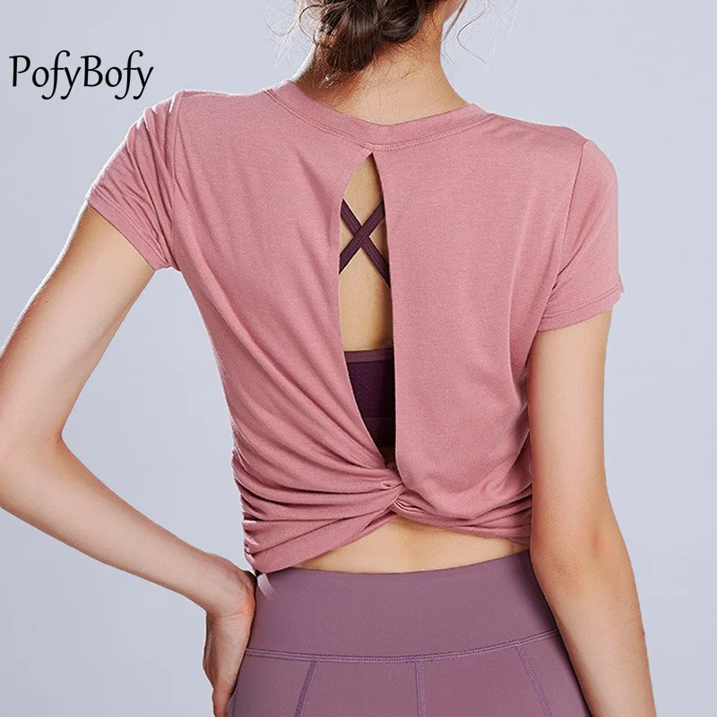 

PofyBofy Hollow Kink Back Side Fold Slimming Fit Crew Neck Short Sleeve Quick-dry Yoga T-shirt Fitness Running Sexy Women’s Tops