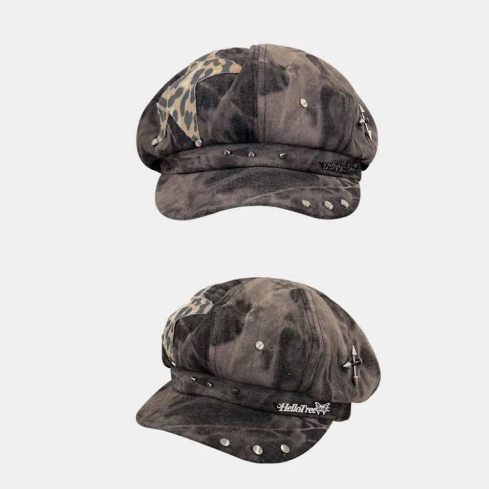 

Трендовая наклейка со звездой, берет в стиле Харадзюку, шляпа с заклепками, дизайн с принтом тай-дай, готическая шляпа, уличная одежда, аксессуары, кепка газетчика, осенний сезон