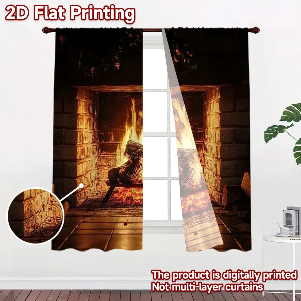 2D flat 2pcs Curtain Retro Country Style Christmas Fireplace Flames Digitally printed polyester, colorfast Party & Holiday Decor