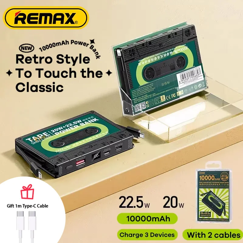 

Remax Power Bank 10000mAh 20W with built-in cable Fast charging battery Digital display Retro for iPhone Huawei Samsung Xiaomi