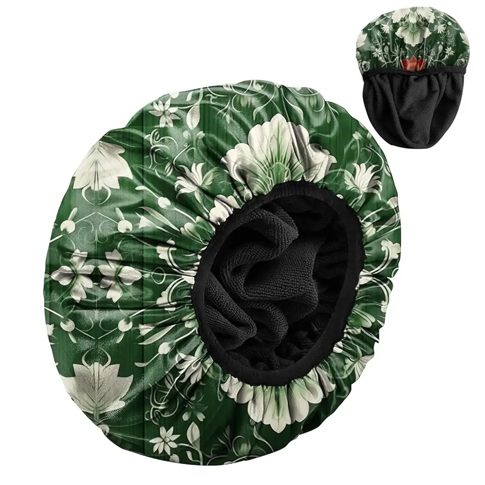 

Роскошная шапочка для душа с махровой подкладкой из ЭВА, водонепроницаемая, многоразовая, трехслойная, эластичная, для женщин и девочек, милая, зеленая, с цветочным узором