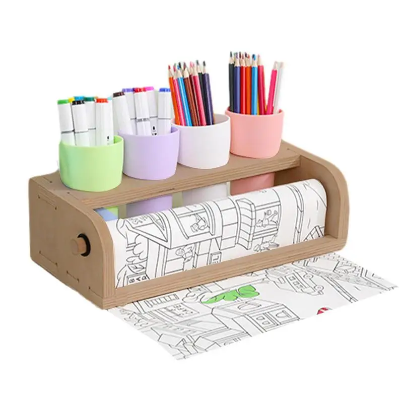 New Wooden Holder Tabletop Paper Roll Dispenser W/4 Hole Kids DIY Painting Drawing Tool Parchment Dispenser For DIY Art Painting