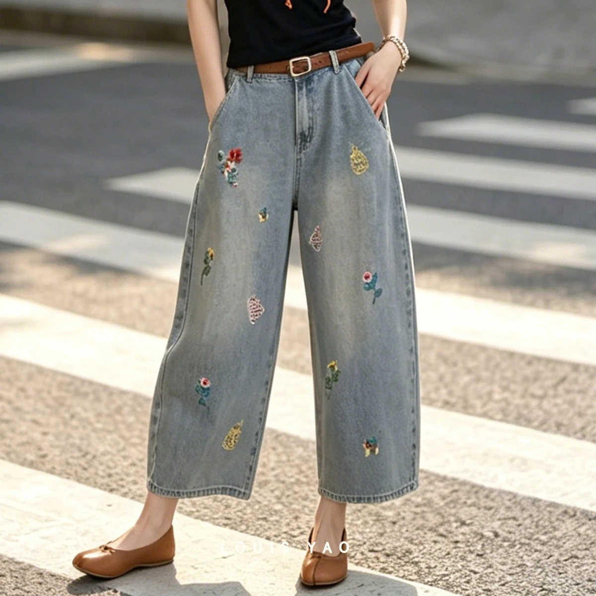 LOUIS YAO Vintage Literary Women Jeans 2026 Summer High Waist Loose Slim Fit Cute Embroidery Denim Cropped Jeans For Women