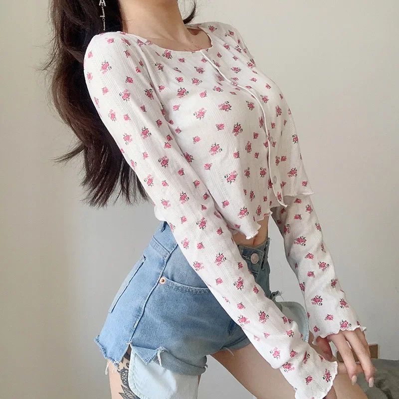 2023 Summer Women New Sweet Floral Print Long-sleeved Cardigan Tops with Fungus Loose and Thin Single-breasted Female T-shirt