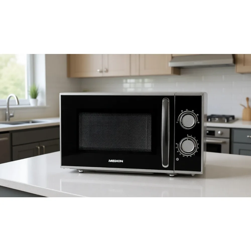 Microondas Compacto de 17L y 700W con 6 Niveles de Potencia, Temporizador de Descongelación, Fácil de Limpiar, Negro Plateado