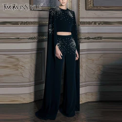 TWOTWINSTYLE Luźny dwuczęściowy zestaw z zamkiem błyskawicznym dla kobiet O Neck Batwing Sleeve Top High Waist Wide Leg Pant Casual Sets Female