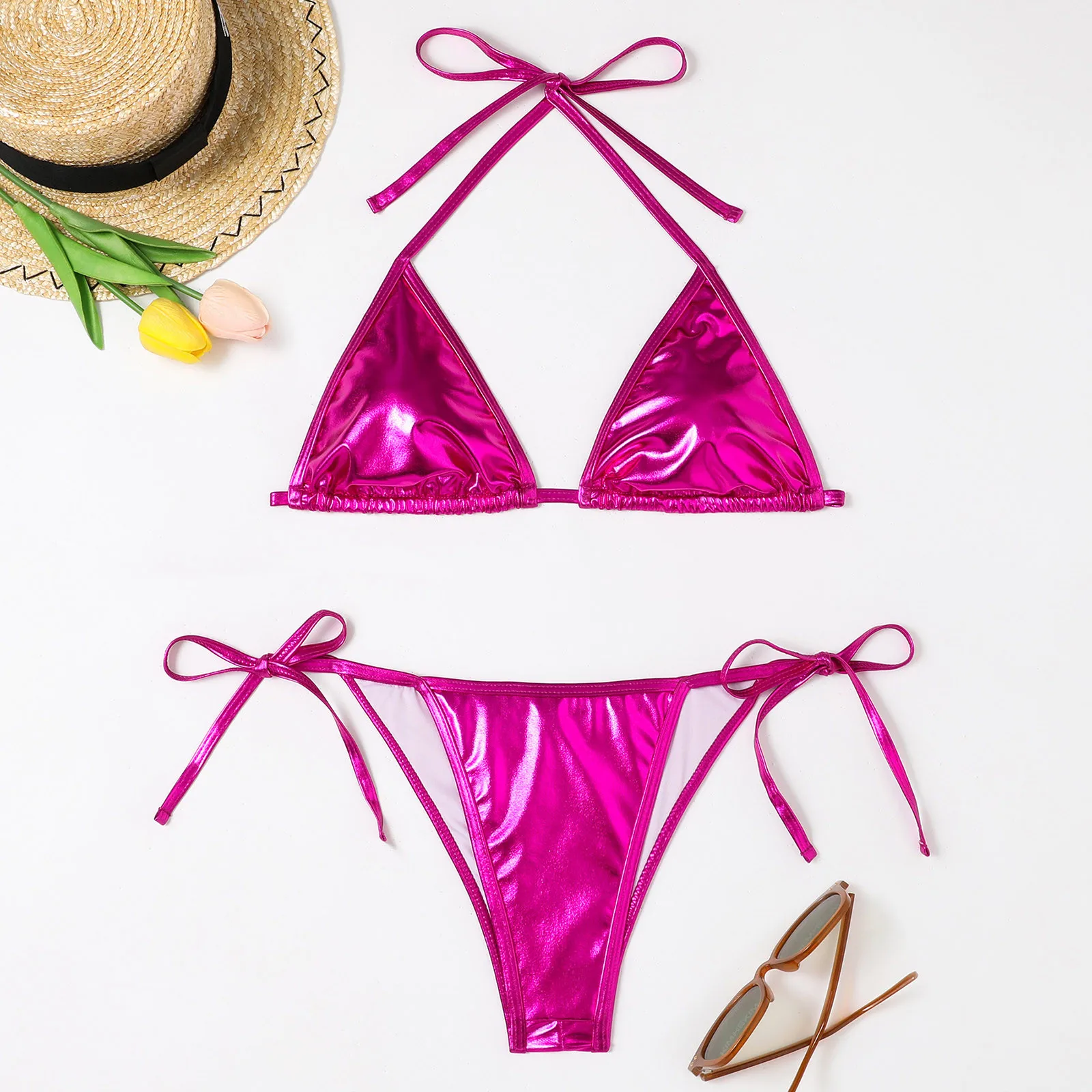 2024 Women\'s Two Piece Swimsuit Sets Summer New Sexy Hanging Neck Triangle Strappy Swimwear Fashion Shiny Bikini Beach Swimwear