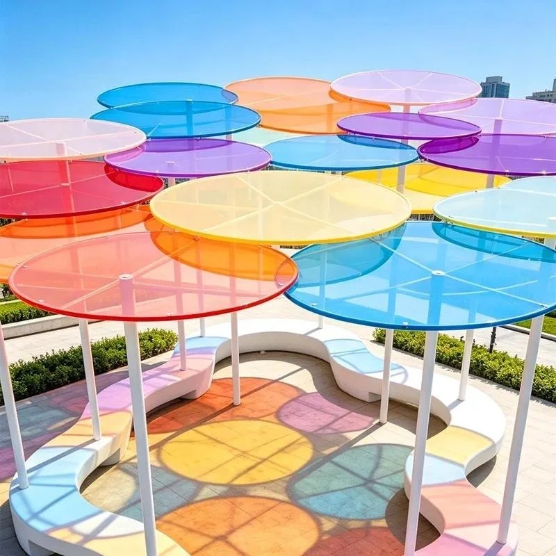 Rainbow Transparent Acrylic Petal Canopy Landscape Light Irregular Overlapping Oval Sunshade Sculpture White Metal
