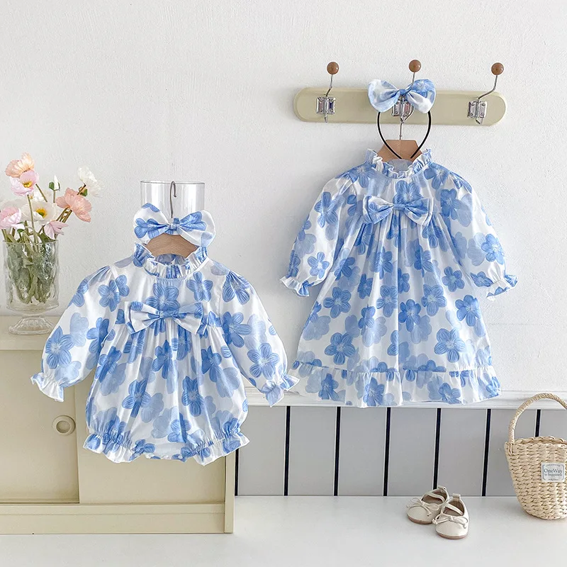 

2025 Spring Boutique Flower Print Bow Baby Newborn Romper Items Long Sleeves Children Dresses Elegant Costume For Babies Girls