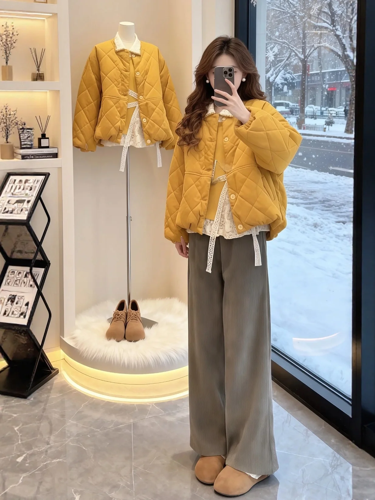 

Зимний свободный женский комплект из трех предметов: хлопковая куртка, вязаный свитер, брюки с широкими штанинами. Теплый и комфортный комплект больших размеров.