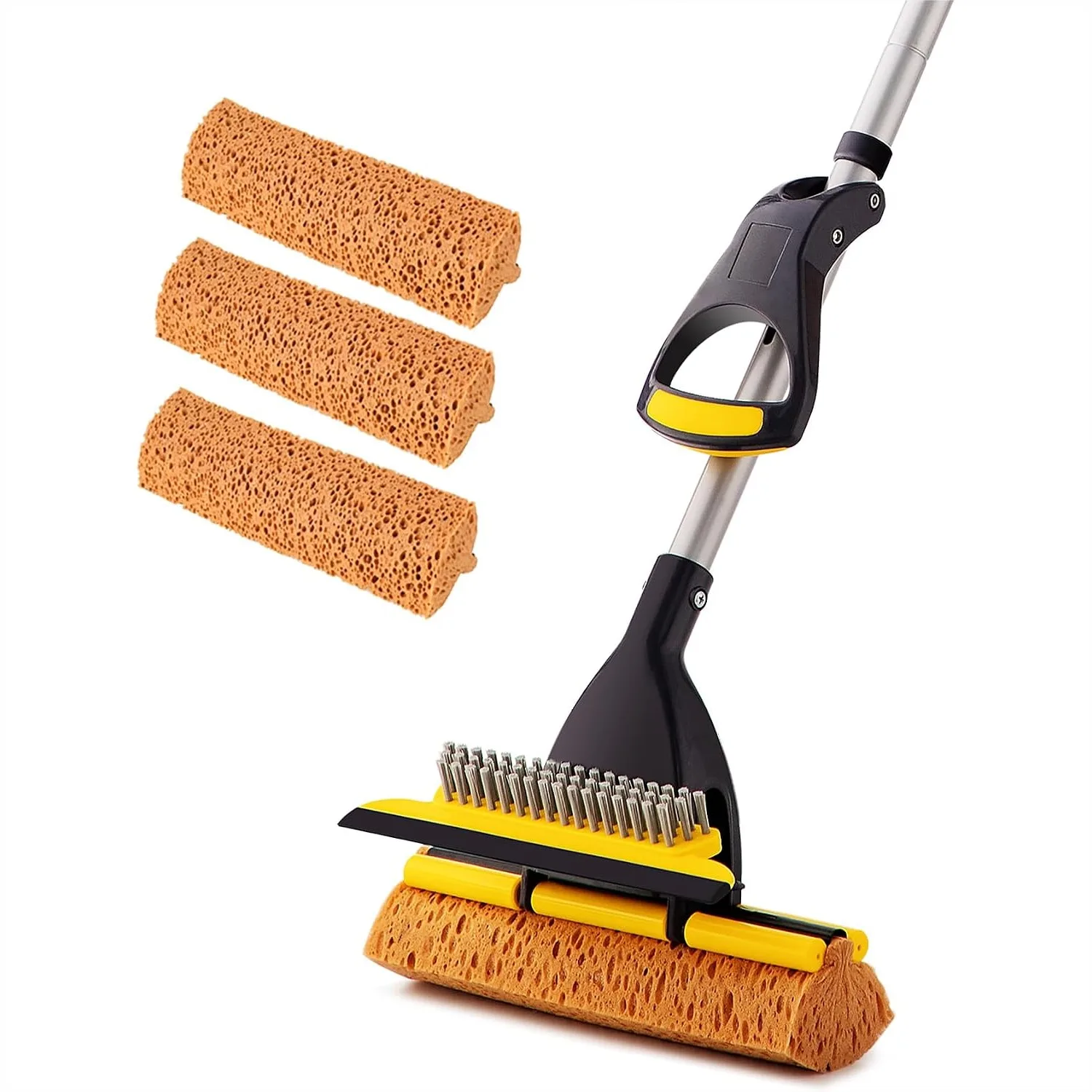 

Sponge Mop with 3 Heads for Tile Floor Bathroom Garage Cleaning, Telescopic Handle 42.5-52 Inches, Easy Dry Wringing