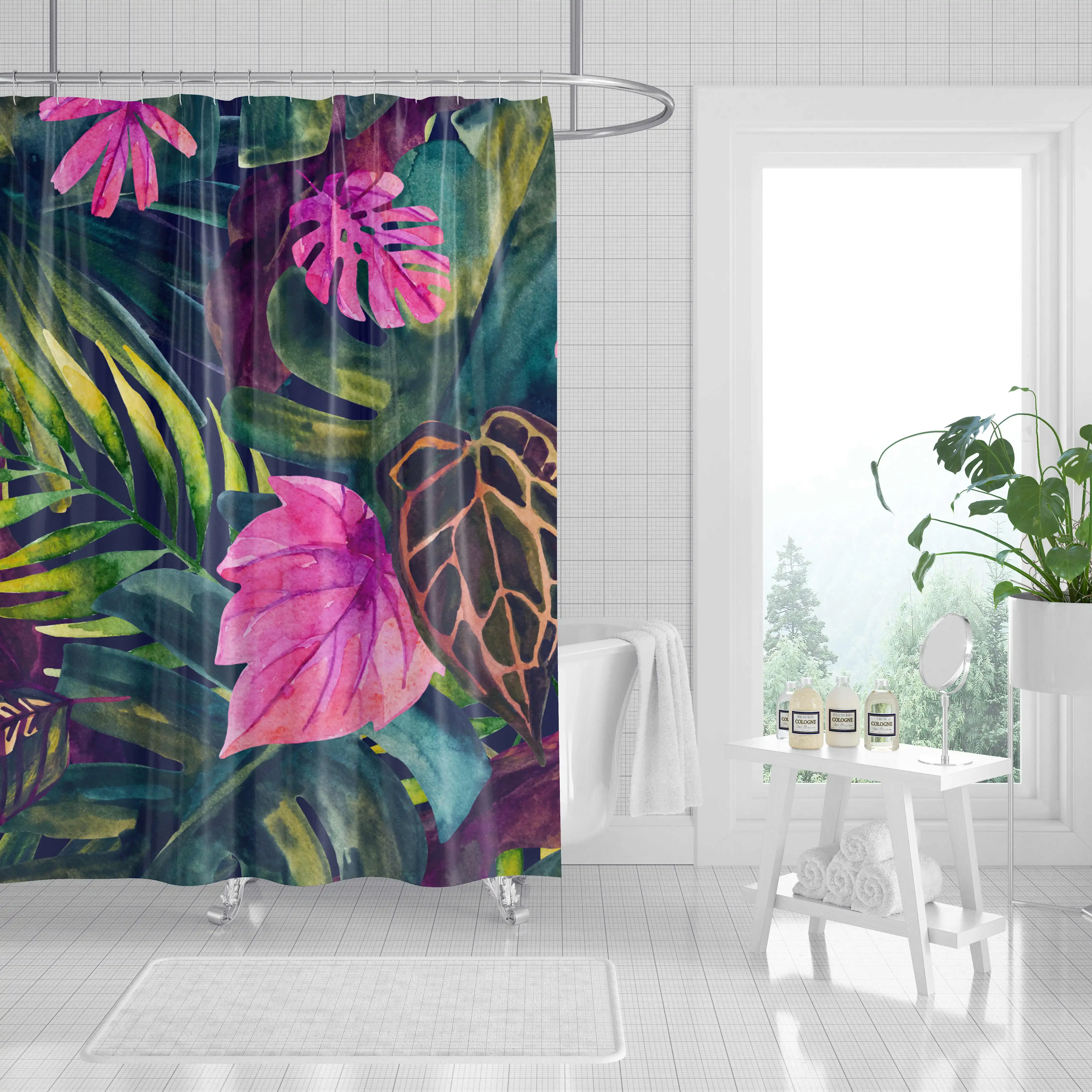 Waterproof Bathroom Shower Curtain featuring Tropical Plants and 3D Digital Printing