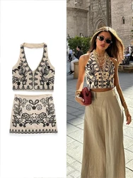 ZABA Women's Summer Beach Embroidery Neck Hanging Sleeveless V-Neck Backless Vest High Waisted Mini Skirt Straw Set Two Pieces