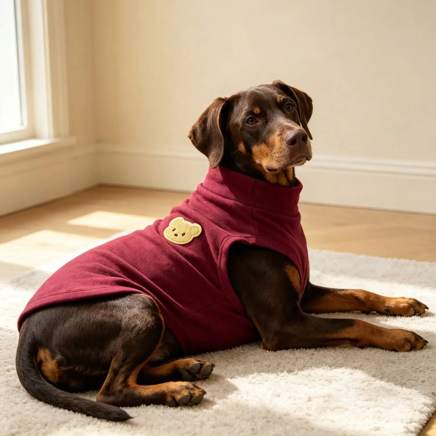 Ärmelloses Rollkragen-Hundeweste für große Hunde, weiche Strickkleidung für Haustiere mit niedlichem Bären-Applikationsaufnäher, warmes Hausoutfit – Detail 4