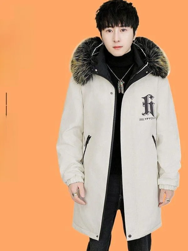 

Men's Winter Coat Thickened Fleece Casual Stylish Long Jacket Hooded Cotton Outerwear Trendy Stand Collar Long Length