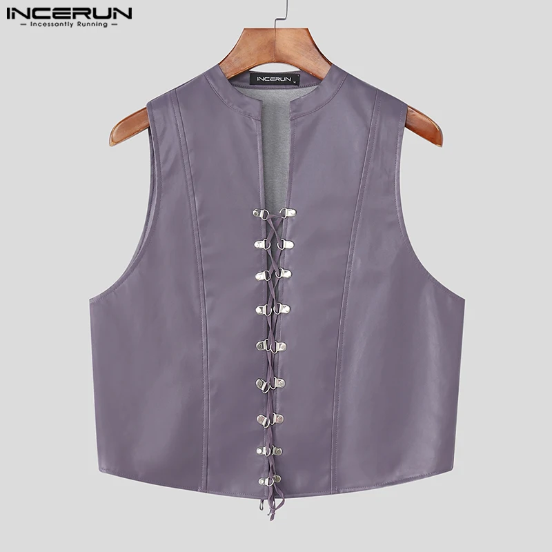

INCERUN Men Vests Solid Color Lace Up PU Leather Sleeveless Casual Male Waistcoats Streetwear 2025 Fashion Crop Tops Vests S-3XL