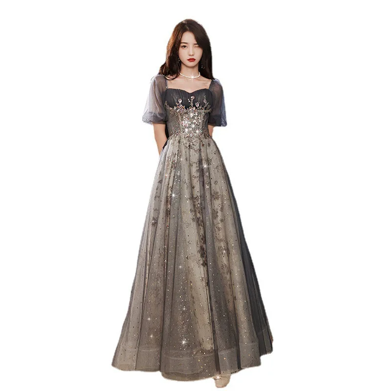 

N1135 Shinny Bling Valentine's Day Evening Dress Women Gown Floor Length Short Sleeves Vintage Robe De Soiree Formal Dresses