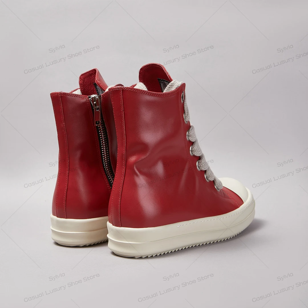 Ricks Designer High Quality Shoes Men O-wen Luxury Casual Ankle Boots Women Thick Shoelaces Big Red Leather Zipper Flat Sneakers