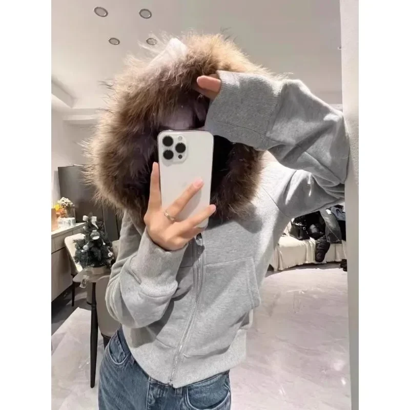 

Autumn New Slim Zipper Jackets Y2k Long Sleeve Sweatshirts Vintage American Retro Fur Collar Hooded Cardigan Coat Women Spring